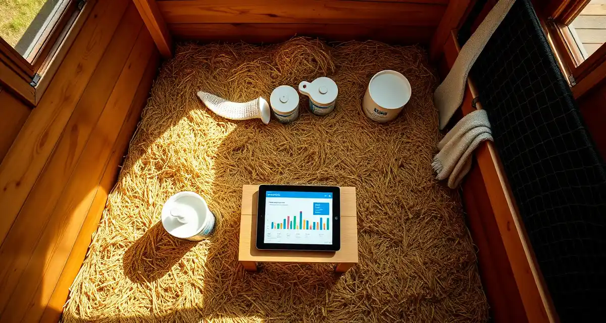 Organized horse stall with quality bedding and digital management system for tracking stall cleaning and costs effectively.