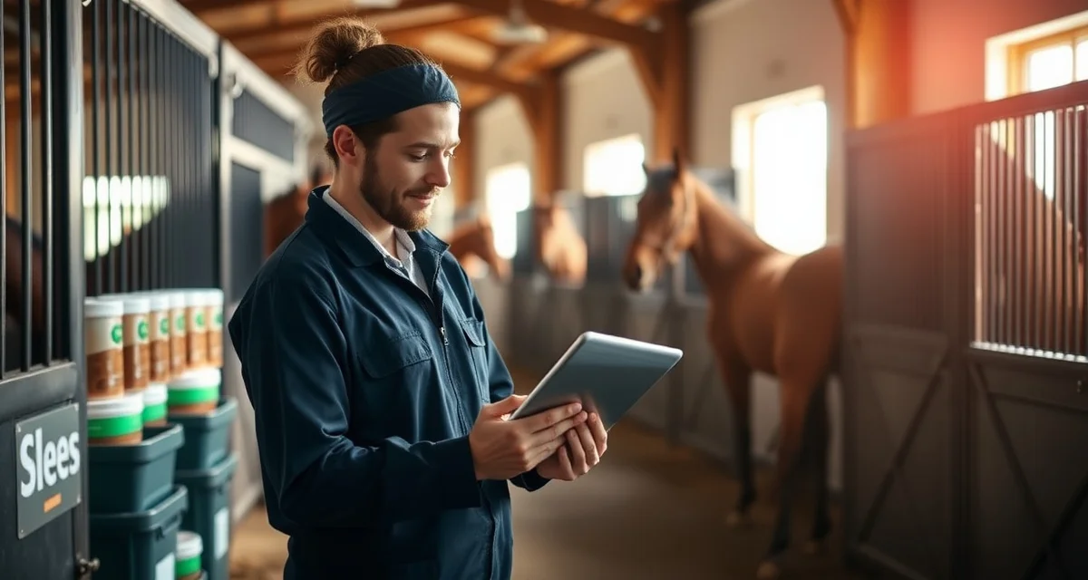 Barn manager using digital horse supplement tracking software to manage medications and feed records for multiple horses in organized stable