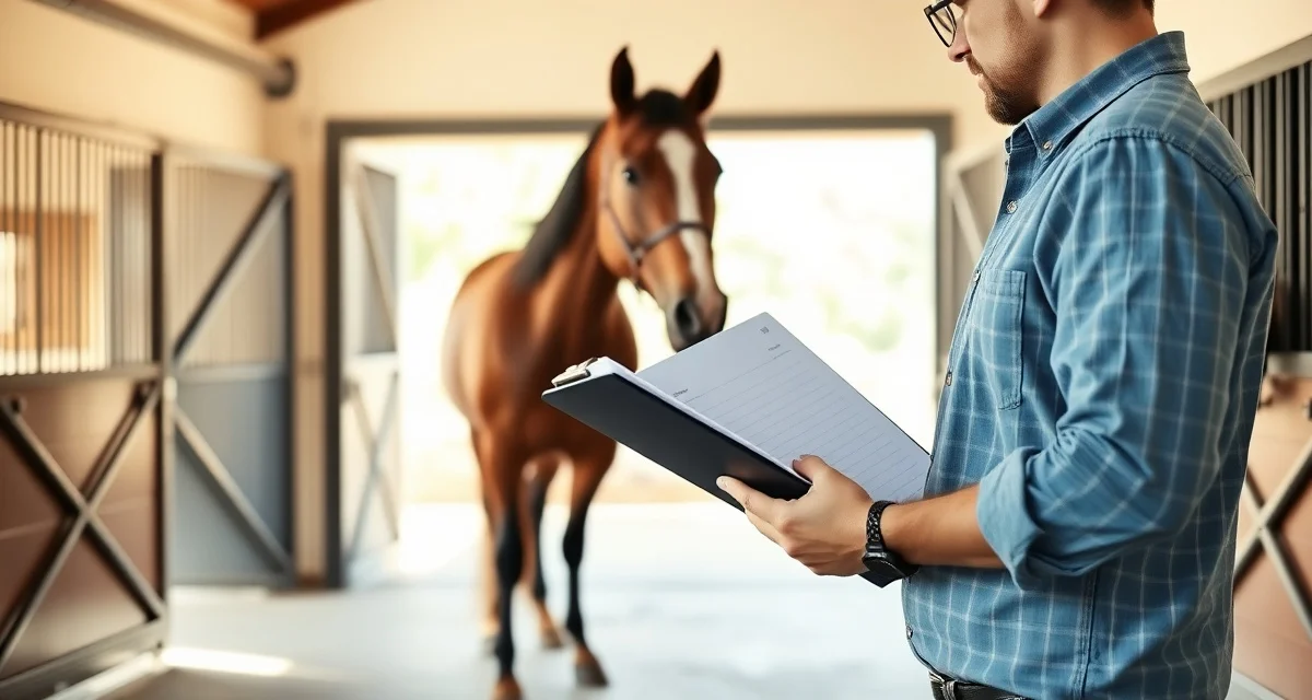 Stable manager reviewing horse transfer records and arrival documentation for equine facility intake and care continuity.