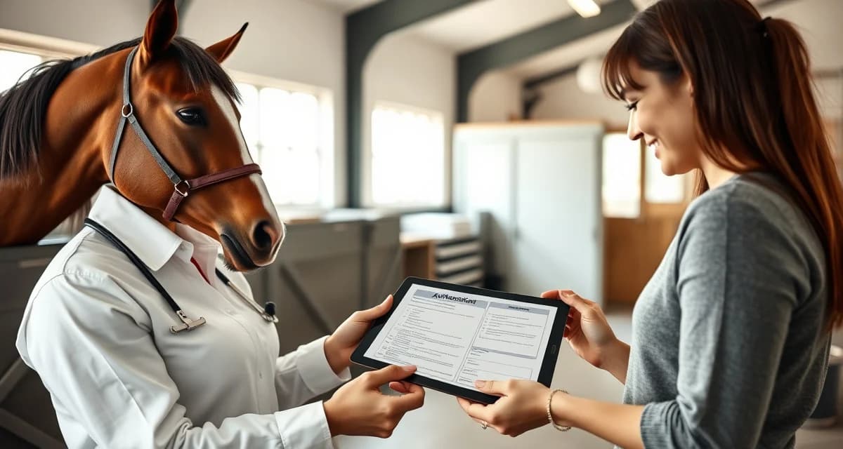 Barn manager and horse owner discussing treatment authorization protocols for equine care and boarding procedures