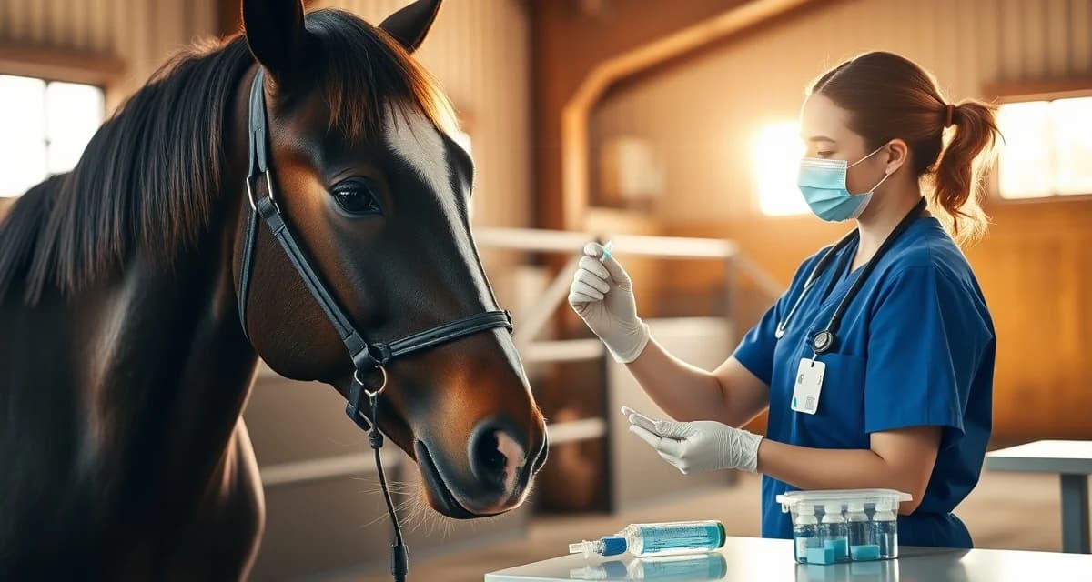 Equine veterinarian administering treatment to horse in barn setting, demonstrating proper horse treatment scheduling protocol