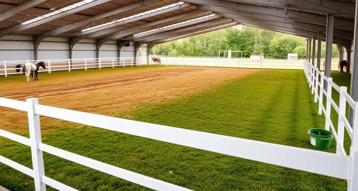 Safe horse paddock with white fencing and maintained grass area demonstrating proper turnout injury prevention practices