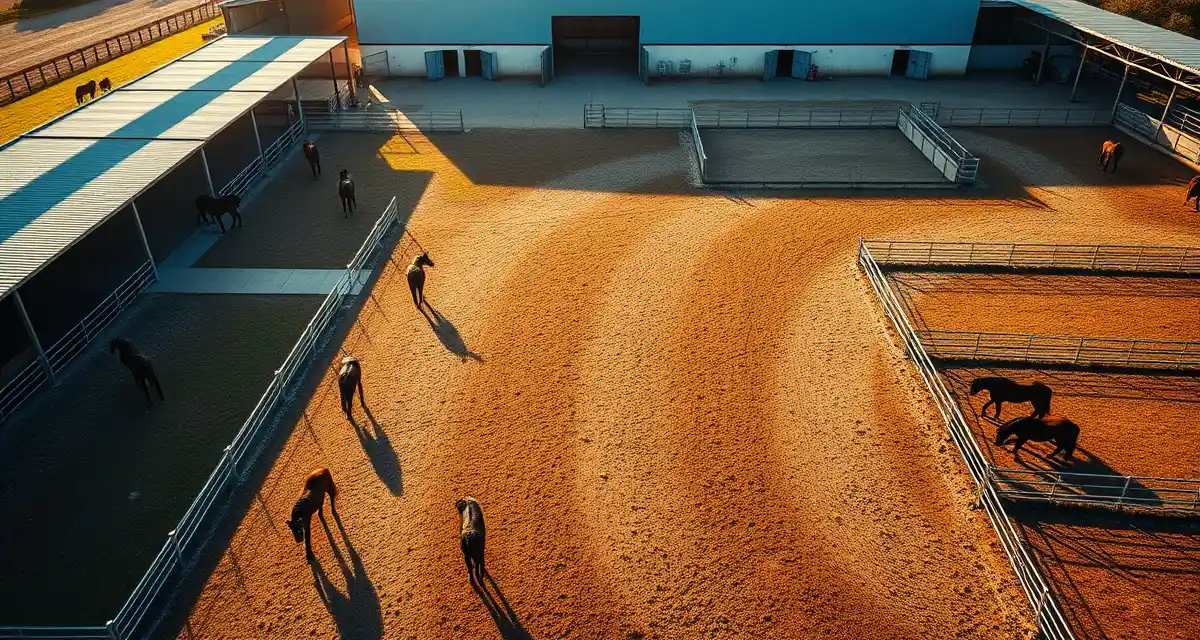 Organized horse pasture turnout areas at a boarding barn with multiple paddocks and grazing horses during daylight hours