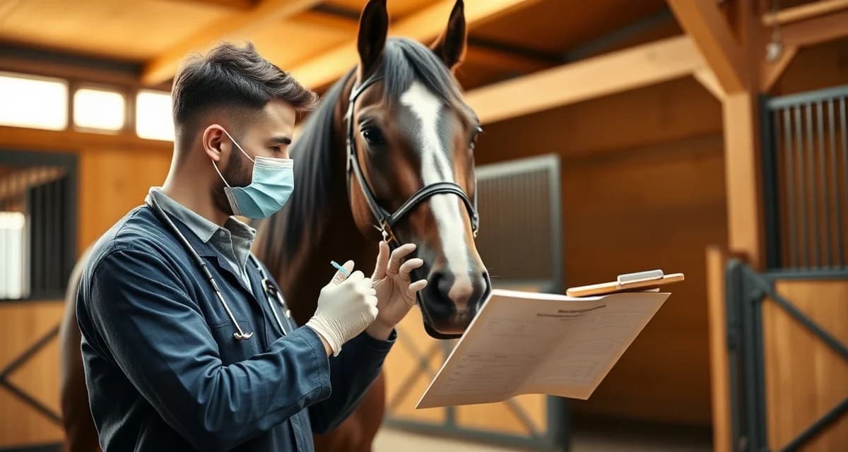 Equine veterinarian tracking horse vaccination schedules with organized medical records in professional barn management system