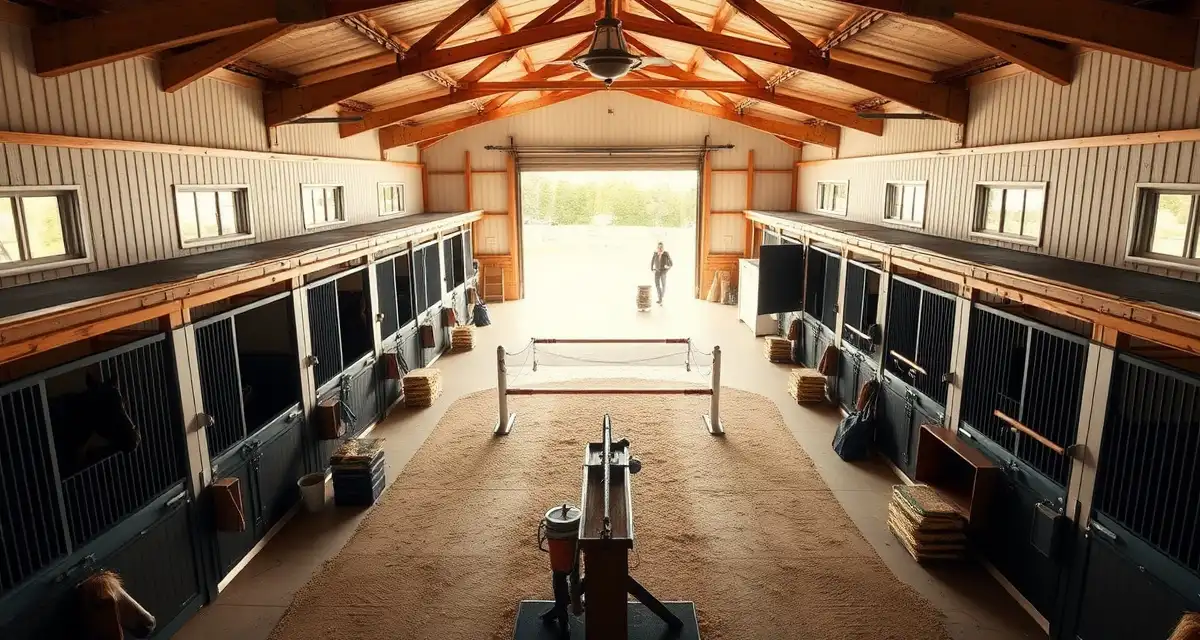 Hunter jumper barn daily checklist posted on wooden wall with organized stalls and professional facility management setup