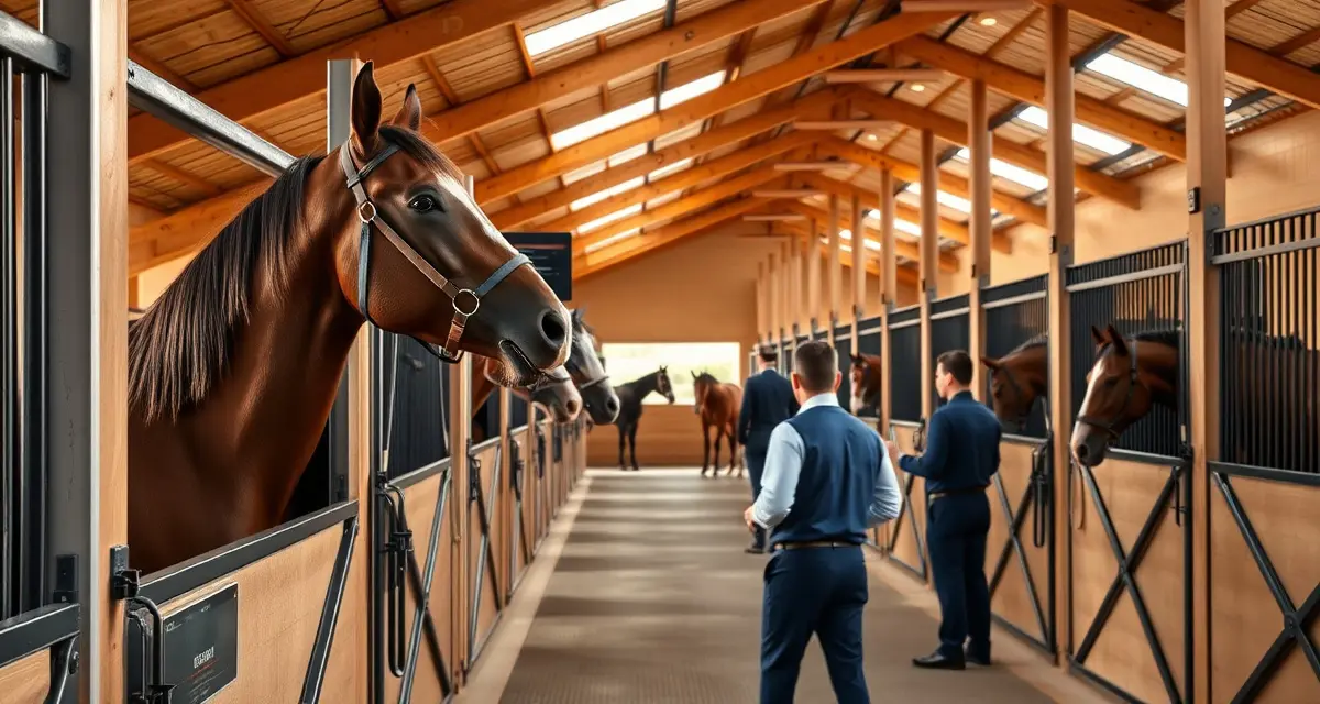 Hunter jumper barn manager using specialized stable management software on tablet to track training fees, scheduling, and horse care records