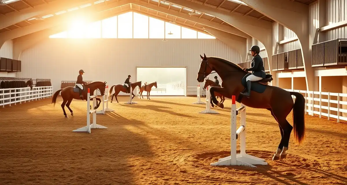 Hunter jumper training facility showing organized barn operations with horses and trainers managing performance facility coordination