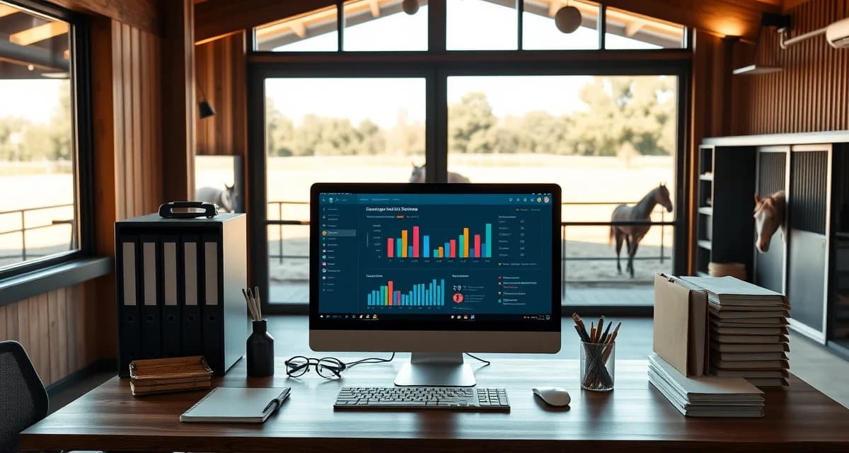 Modern equestrian facility management software interface displayed on computer in professional barn office setting with organized workspace.