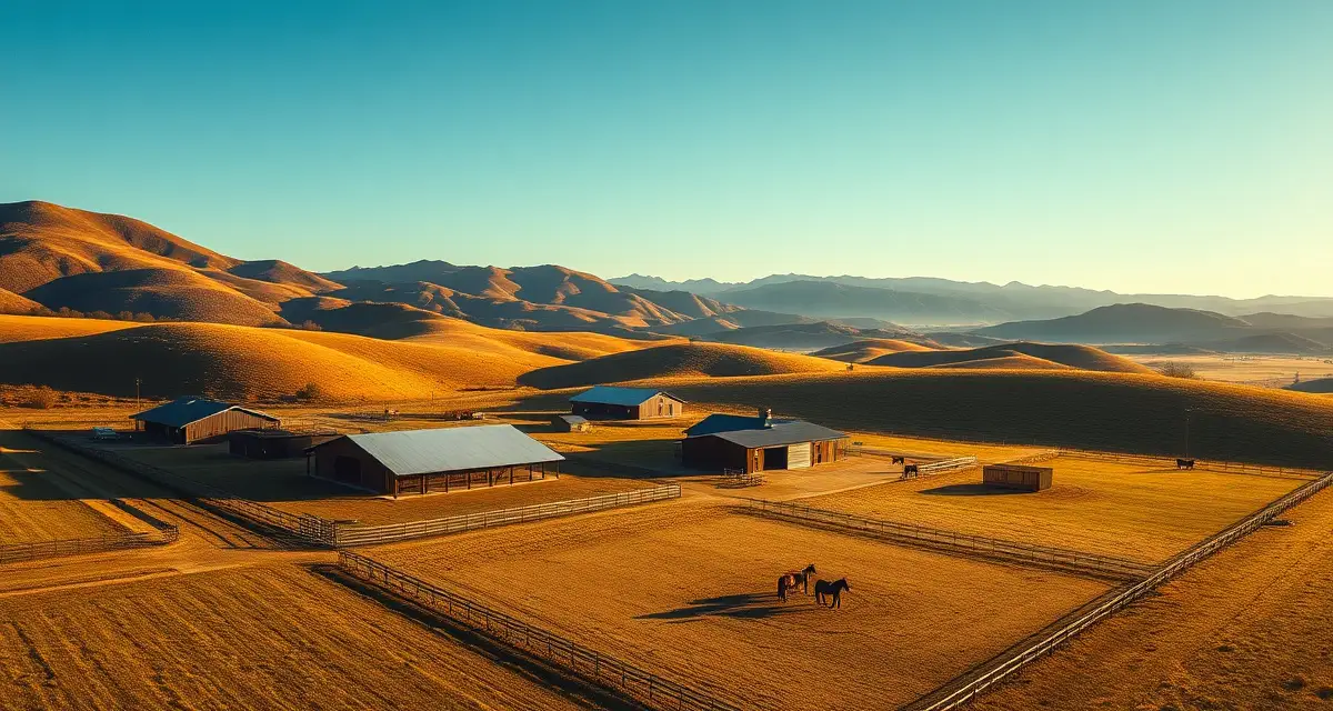 Modern horse barn and paddock facilities in Idaho with mountains in the scenic background, showing professional equestrian ranch setup.