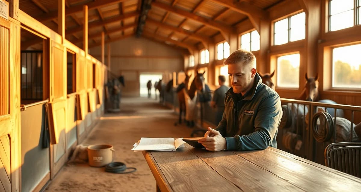 Barn manager in Illinois equine facility using digital barn management software on tablet to track horses and billing records