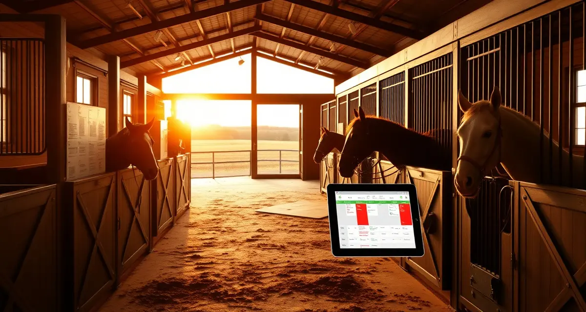 Modern horse barn interior showing organized stall management and digital facility scheduling system for Illinois equestrian operations