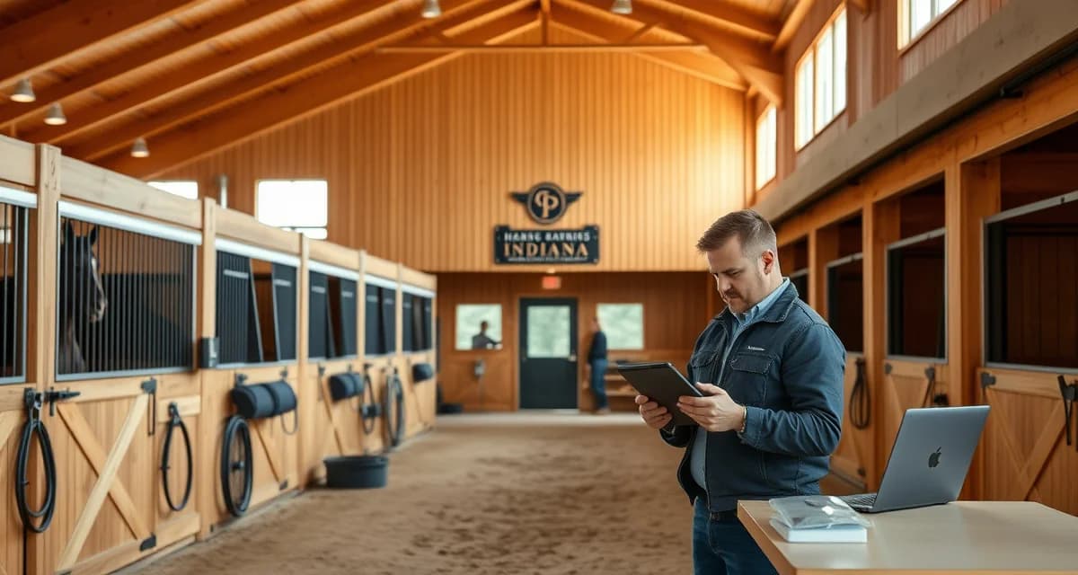 Modern horse barn interior in Indiana showing organized stalls and a barn manager using management software on tablet