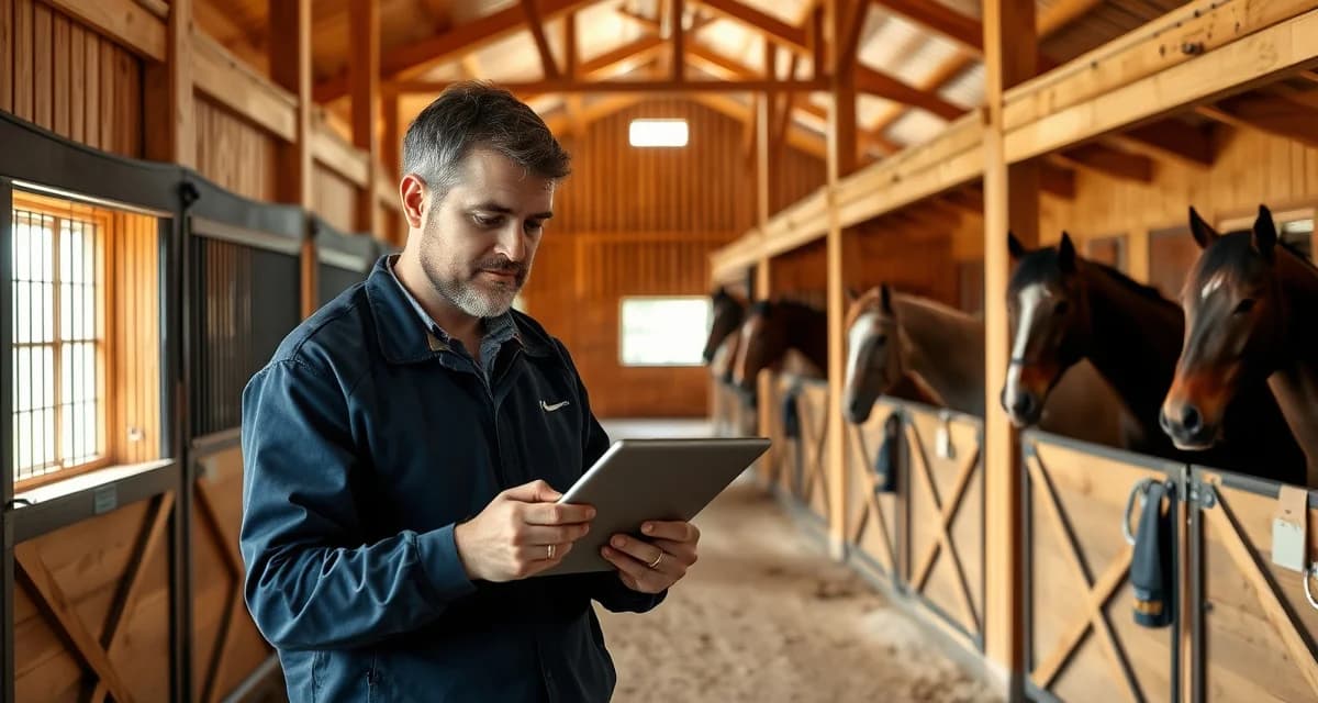 Modern Iowa horse barn interior with digital barn management software displayed on tablet for equestrian facility operations