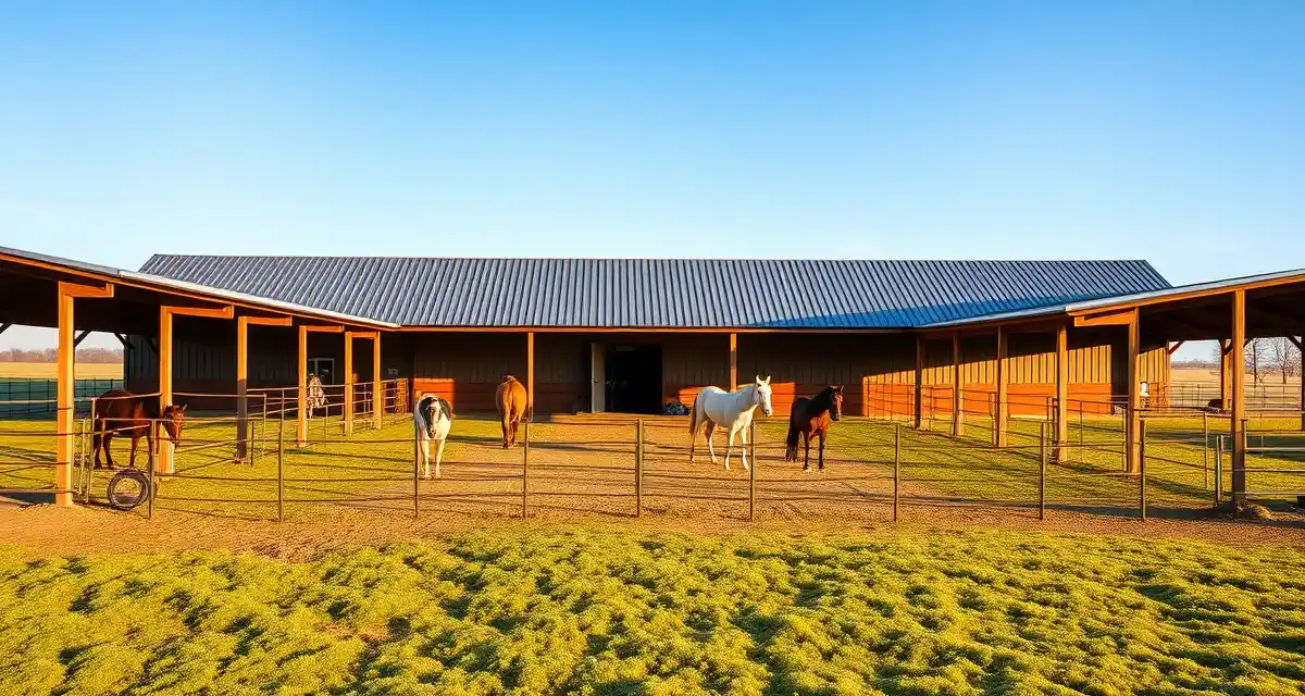 Modern horse boarding barn in Kansas with paddocks, pastures, and grazing horses during golden hour light
