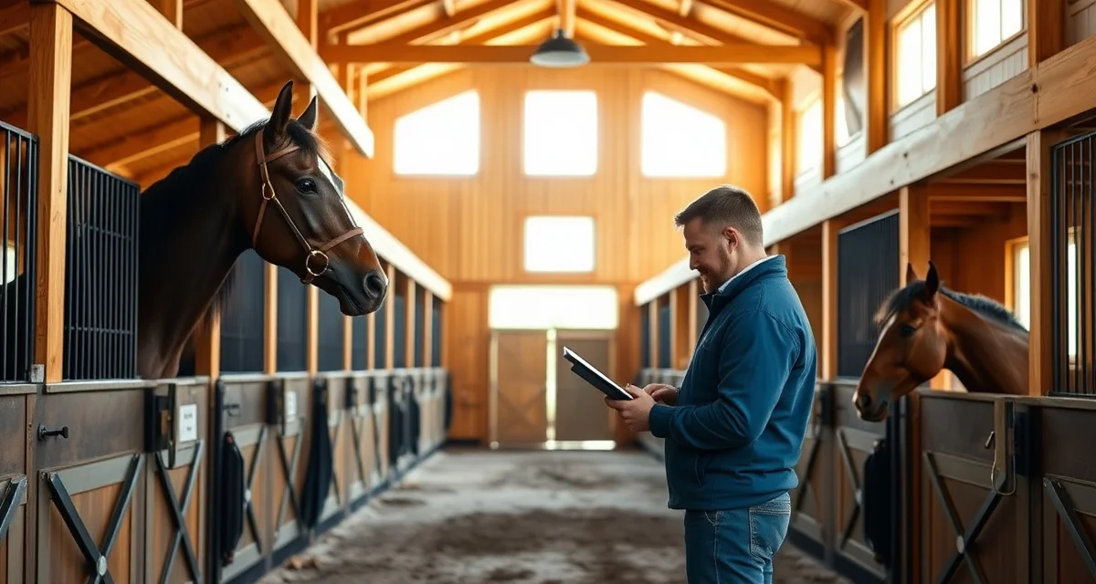 Modern Kentucky horse barn with manager using barn management software on tablet for stable operations