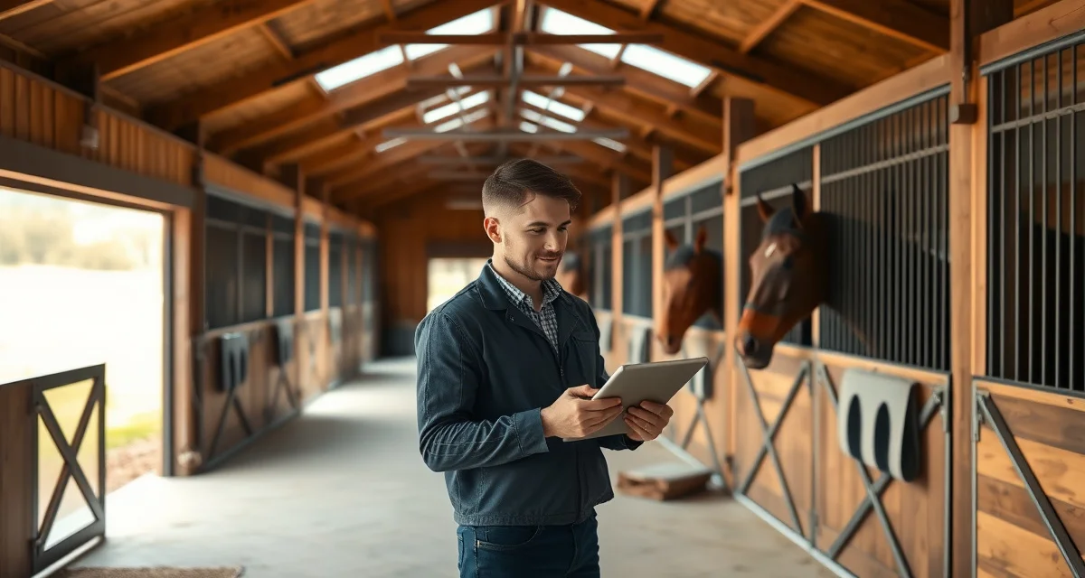 Barn manager using digital barn management software on tablet to organize Kentucky horse facility operations and boarding records