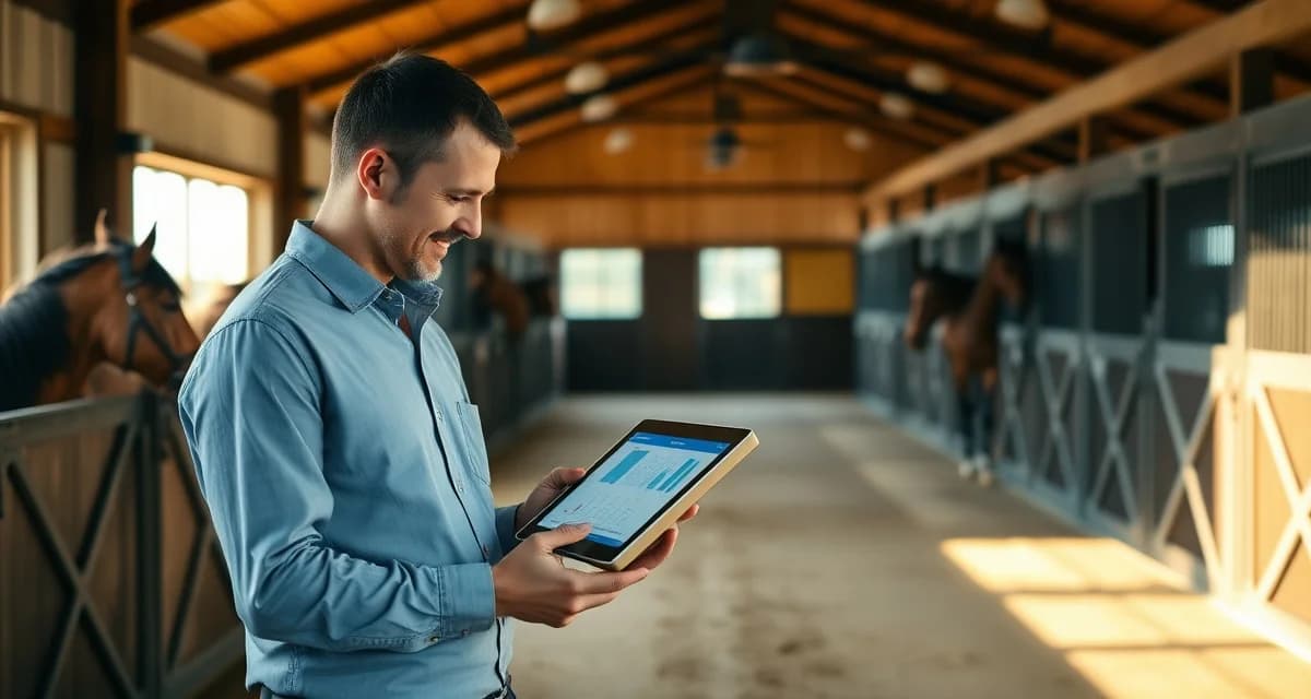 Equestrian facility manager using barn management software on tablet in organized Kentucky horse barn with stalls