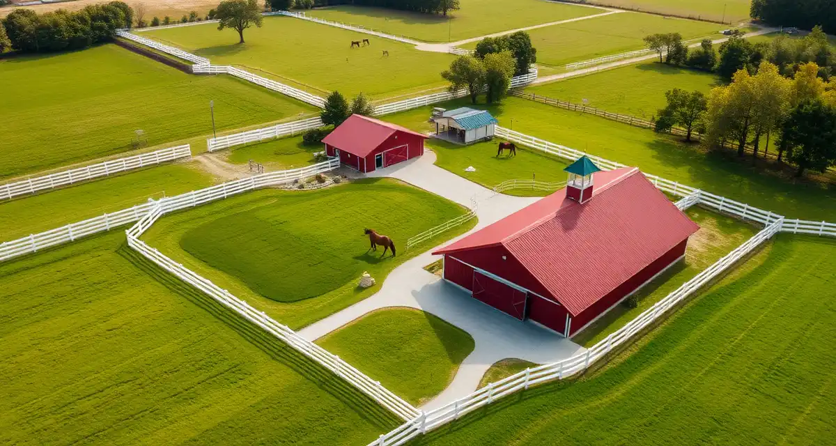 Aerial view of a professional Kentucky horse farm with white fences, red barn, and Thoroughbred horses grazing on lush pastures