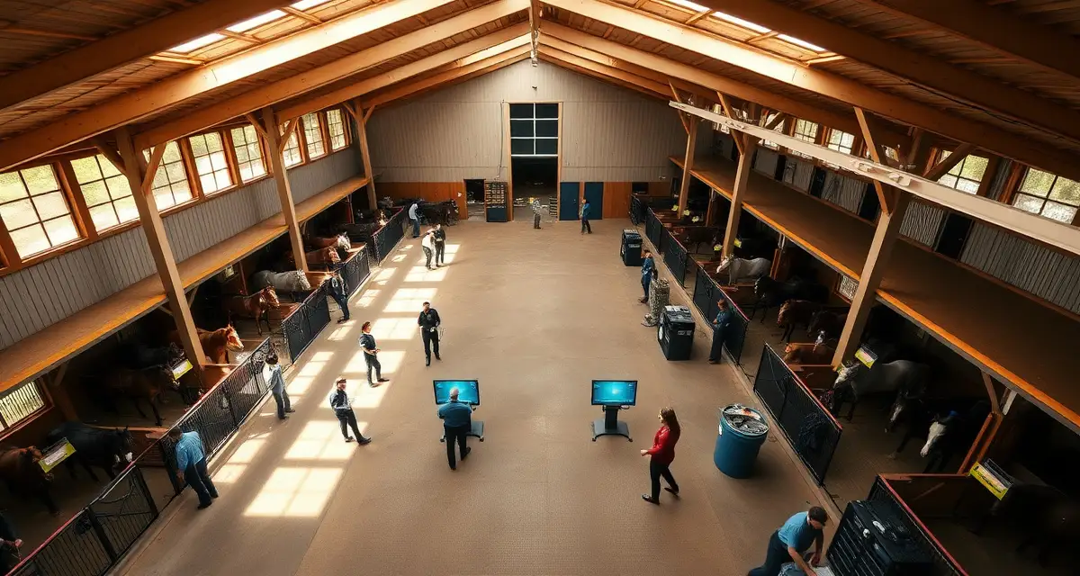 Modern large horse barn facility with organized stalls and digital management systems for efficient barn operations