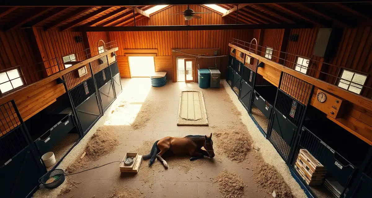 Well-maintained horse layup barn interior showing organized stalls, veterinary supplies, and professional care facilities for equine recovery.