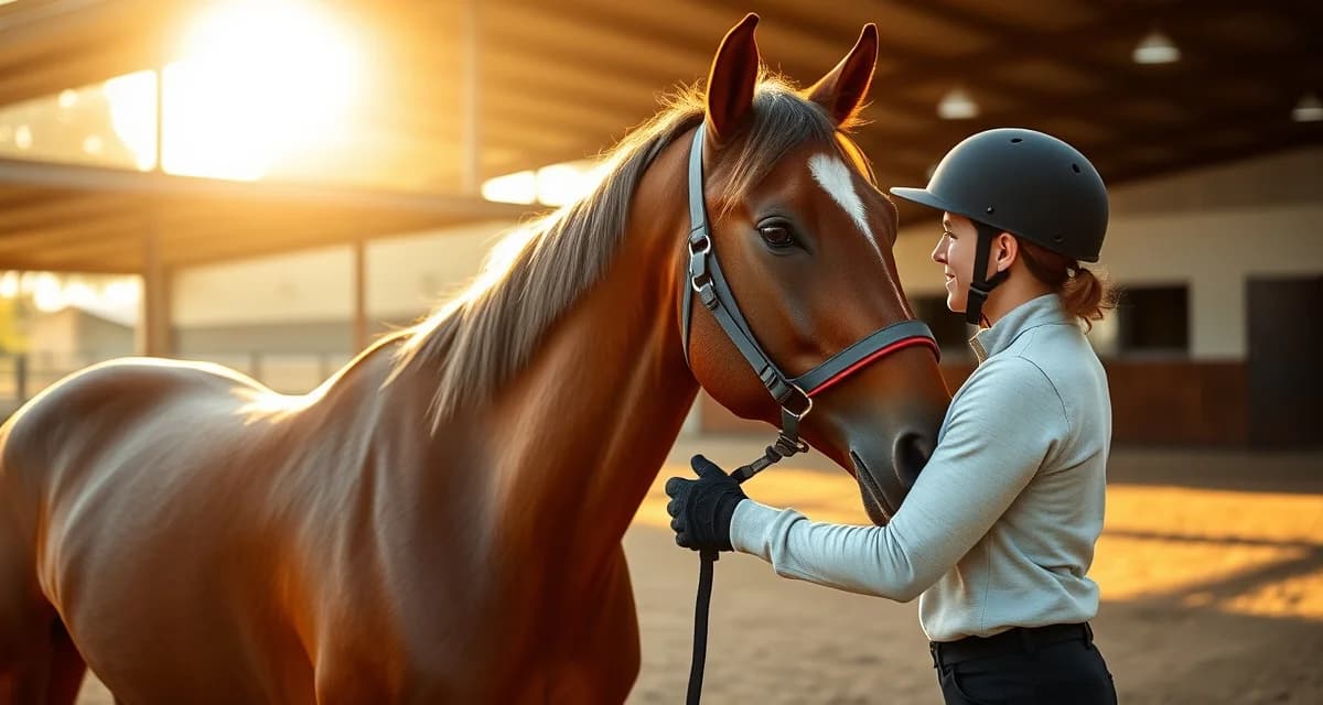 Rehabilitation specialist hand-walking a horse during layup barn turnout protocol exercise progression