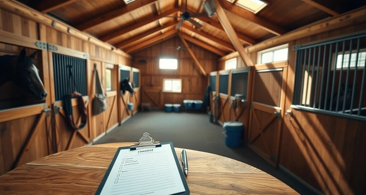 Organized horse barn interior with checklist clipboard, demonstrating daily operations for lesson barn management and safety protocols.