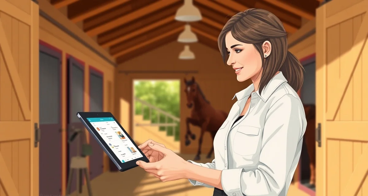 Barn manager communicating with horse owners using digital platform at lesson barn facility