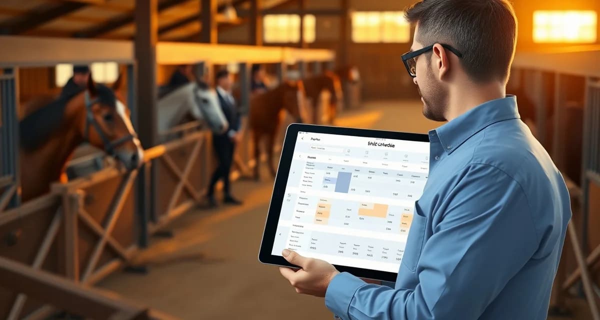 Lesson barn shift management system showing staff scheduling and horse assignment coordination on digital platform.