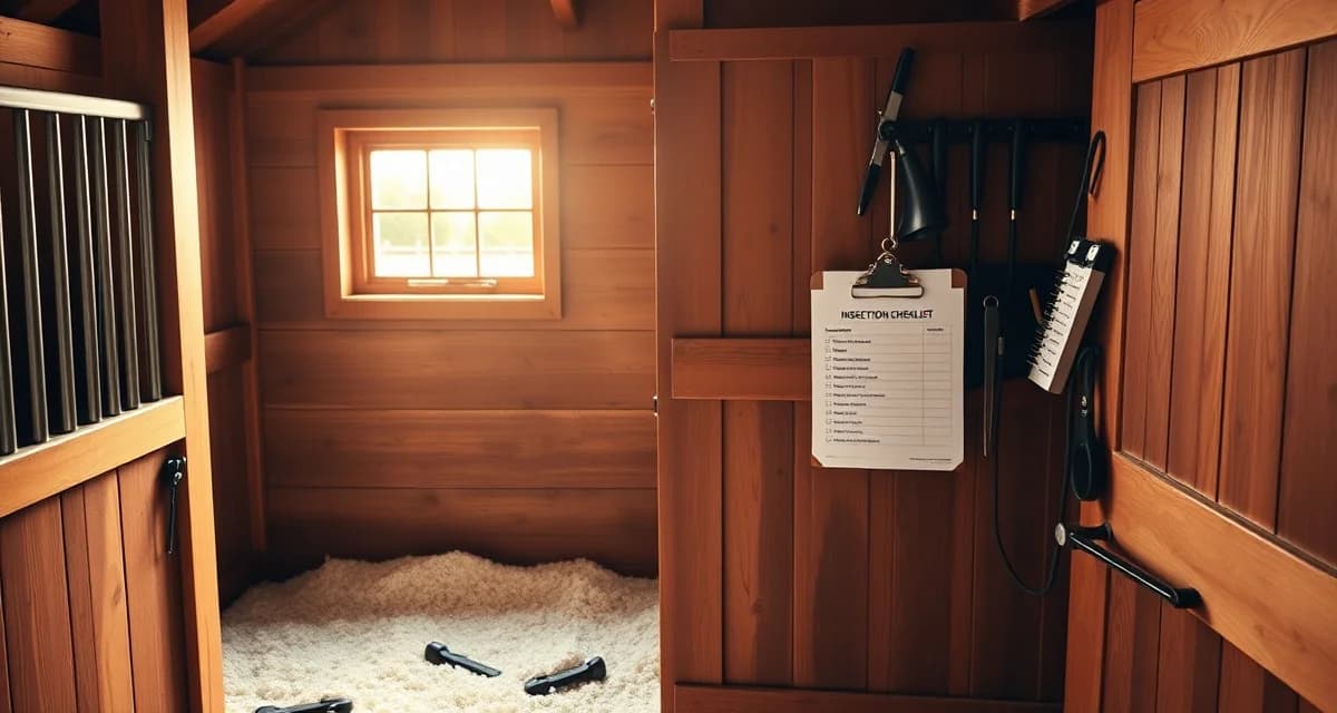 Clean horse stall with organized bedding and inspection checklist for lesson barn stall management and daily cleaning procedures.