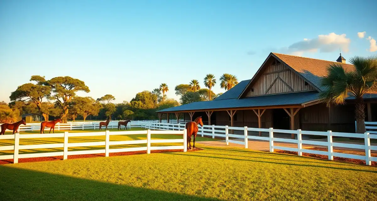 Modern Louisiana equestrian facility featuring white fencing, traditional barn structure, and horses grazing in subtropical landscape