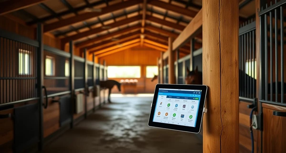 Modern horse barn management software interface displayed in a professional Louisiana equine facility with organized stalls and digital organization systems.
