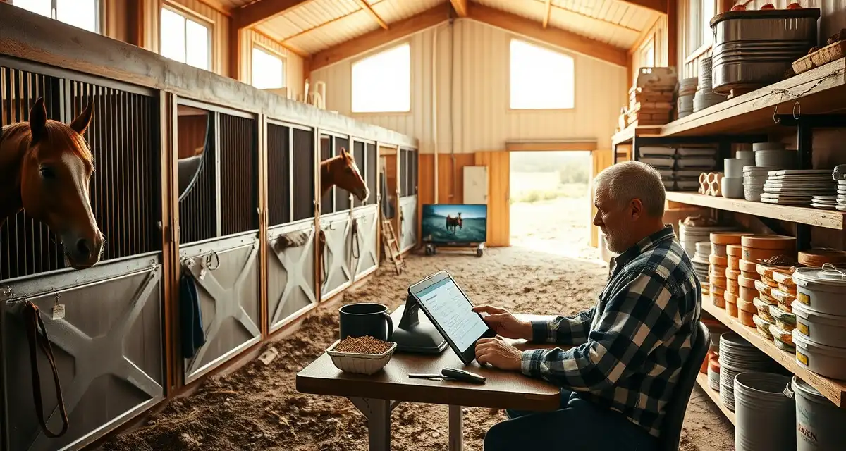 Modern barn management software interface displayed on tablet in Maine equine facility with organized horse stalls and natural lighting.