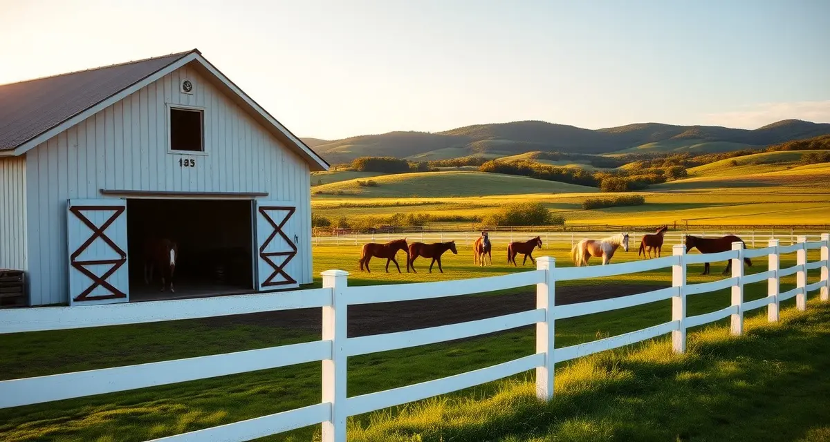 Modern Maine horse boarding barn with white fencing and horses grazing in pasture, representing professional equestrian facility management