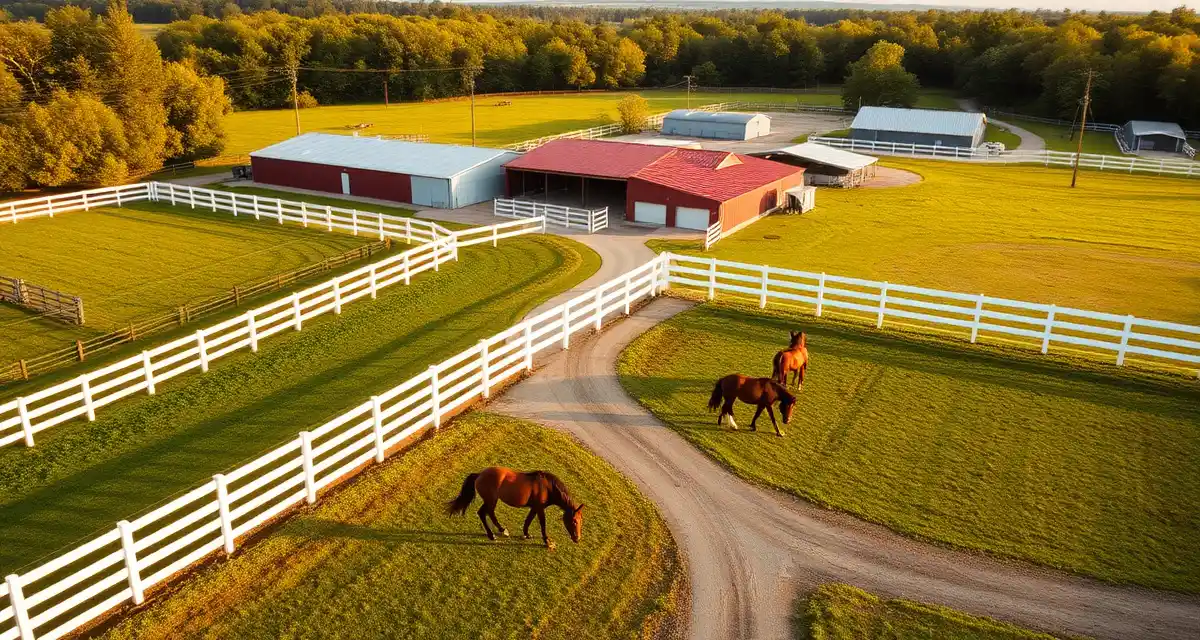 Well-maintained Maryland equine facility with white-fenced pastures, professional horse barns, and Thoroughbred horses grazing in organized farm setting.