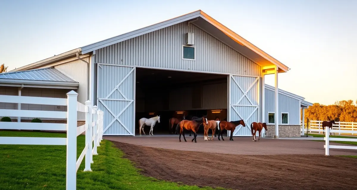 Modern horse boarding barn facility in Maryland with white fencing, pastures, and grazing horses, representing quality equestrian care.