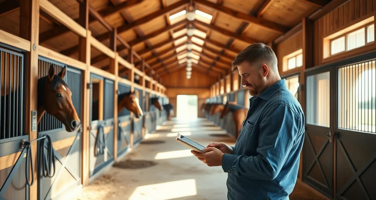 Modern horse barn management software interface displayed on tablet by equine facility manager in Massachusetts stable