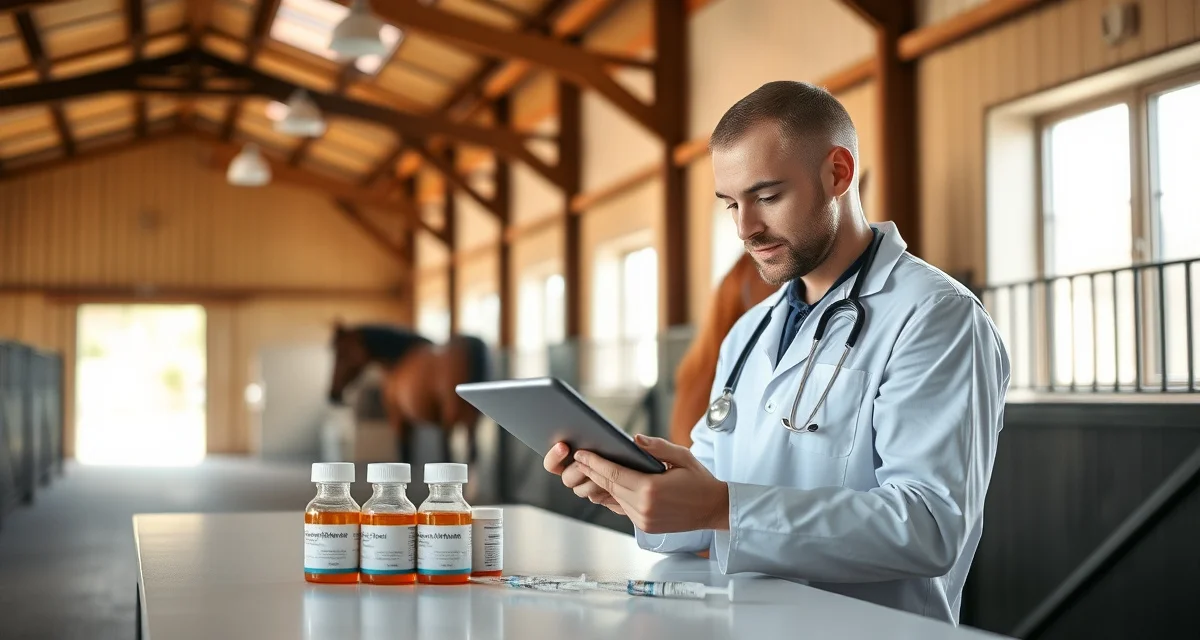 Digital medication audit trail system displayed on tablet in horse barn with organized medication bottles and administration records