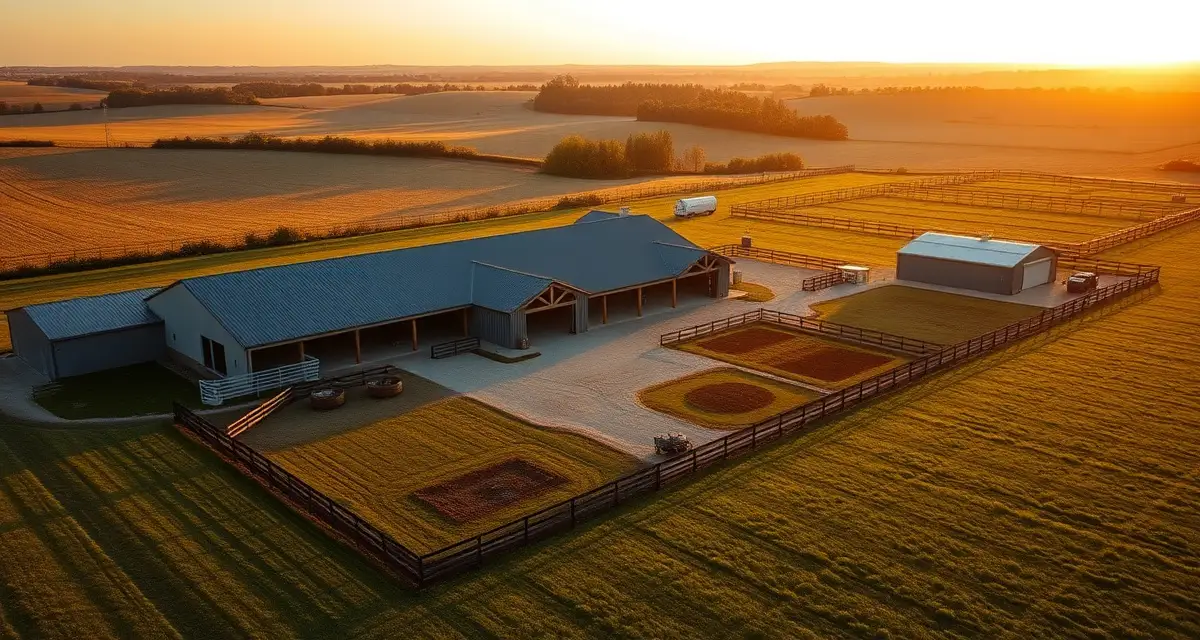 Modern horse barn facility in Michigan with multiple paddocks, pastures, and professional stable infrastructure for equestrian operations.