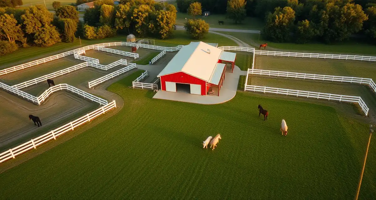 Overhead view of professional horse boarding barn facility in Michigan with paddocks, red barn structure, and grazing horses on green pasture.