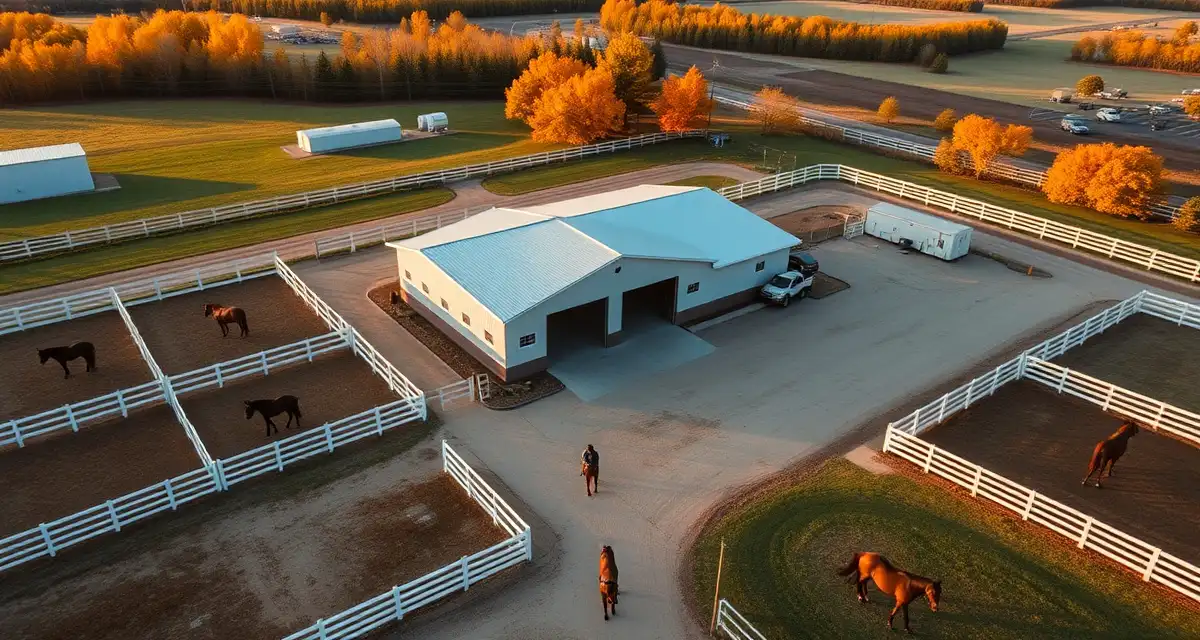 Modern Minnesota equestrian facility showing organized horse barn with paddocks and professional management infrastructure for boarding and training operations.