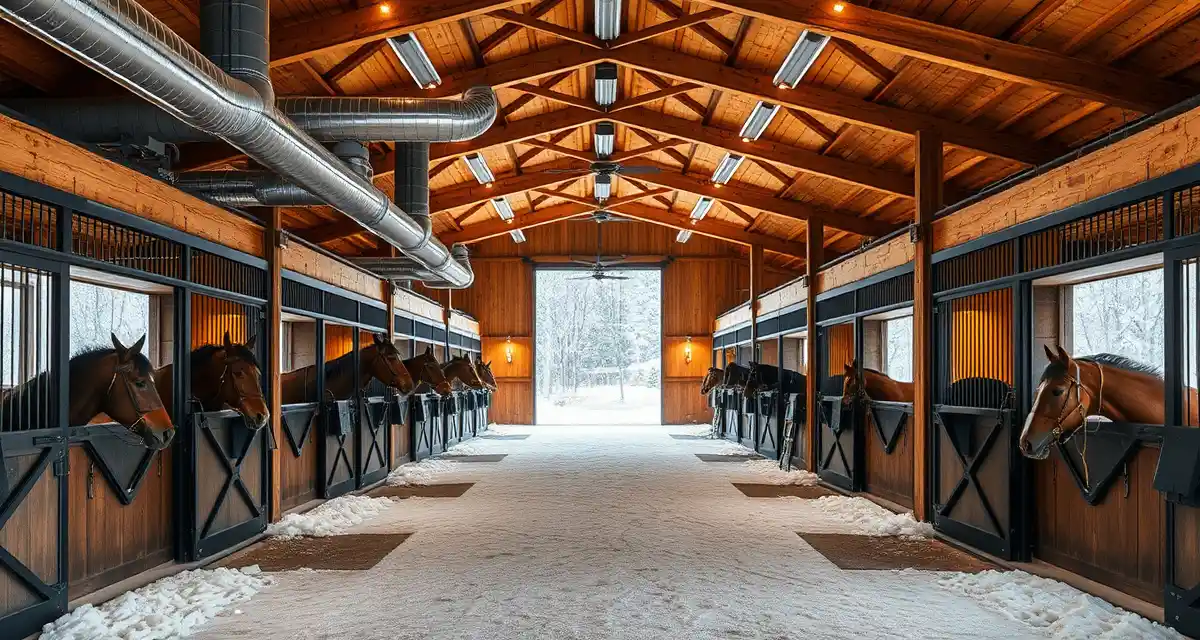 Modern Minnesota horse barn interior with climate control systems managing winter conditions for equine facilities and stable operations.