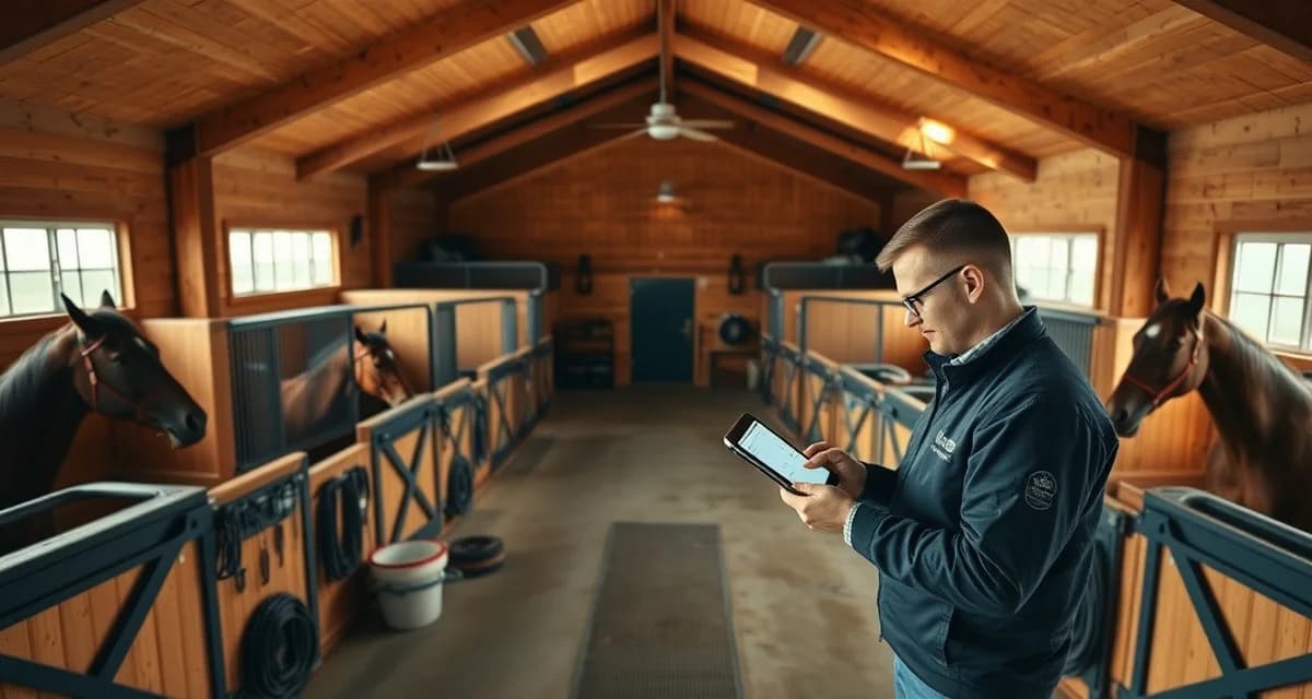 Horse barn management software interface displayed on tablet in modern Minnesota equine facility with organized stalls