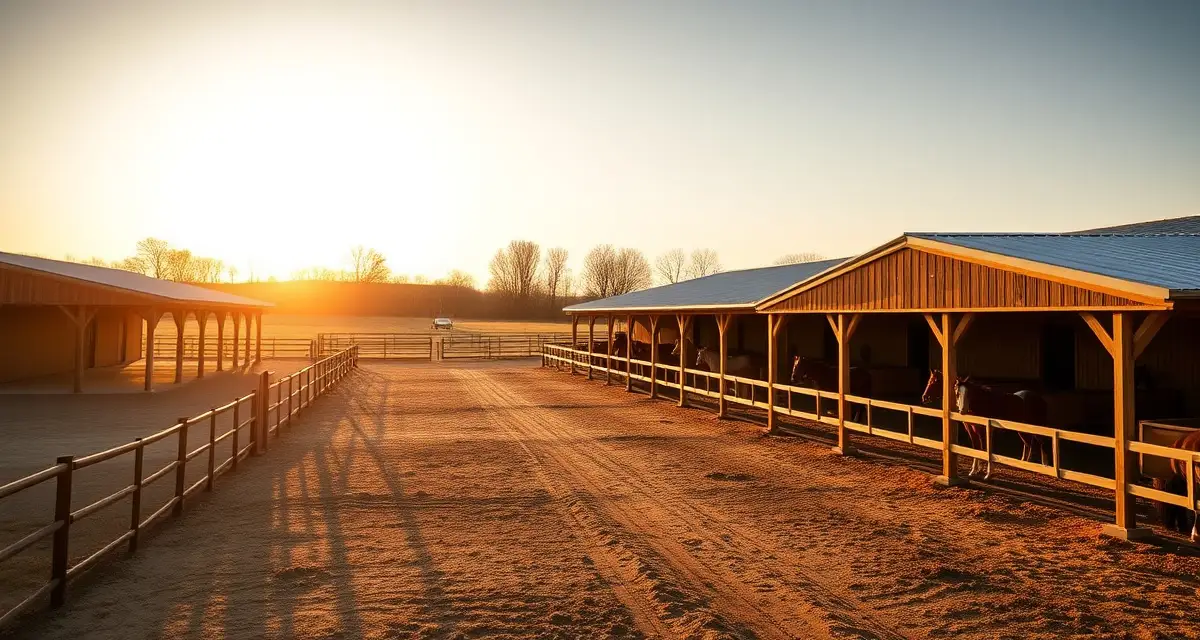 Modern equestrian barn facility in Missouri with horses, paddocks, and organized stable infrastructure for efficient barn management.