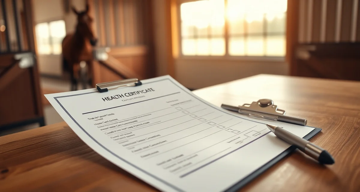 Missouri equine health certificate and Coggins test documentation displayed on desk in professional barn office setting.