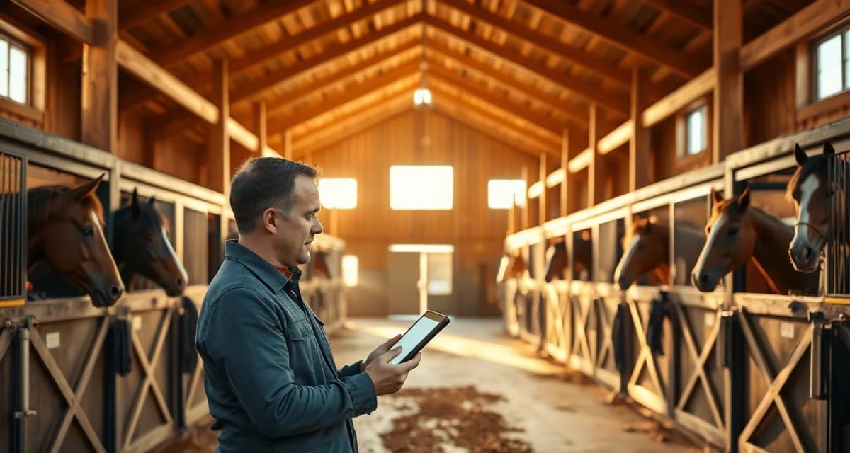Modern Montana horse barn with organized stalls and barn manager using equestrian management software on tablet for facility operations