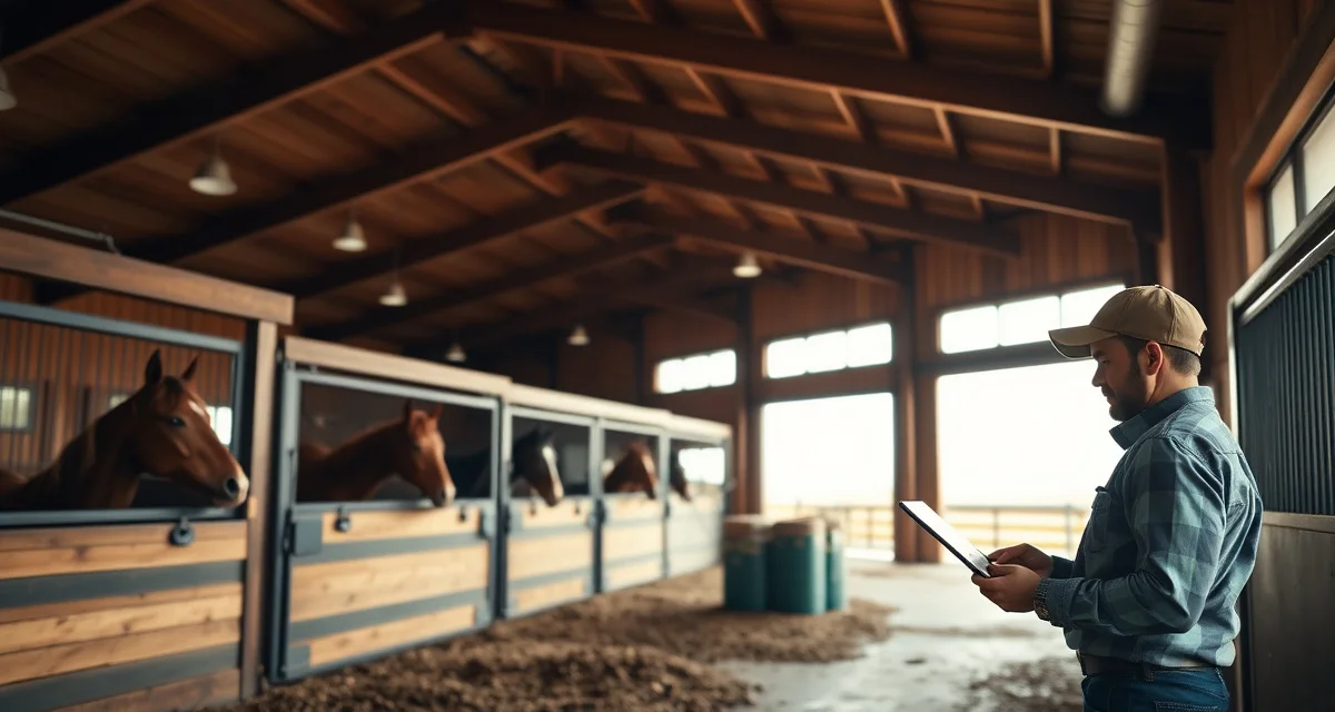 Modern horse barn in Montana with organized stalls and manager using barn management software on tablet for facility operations