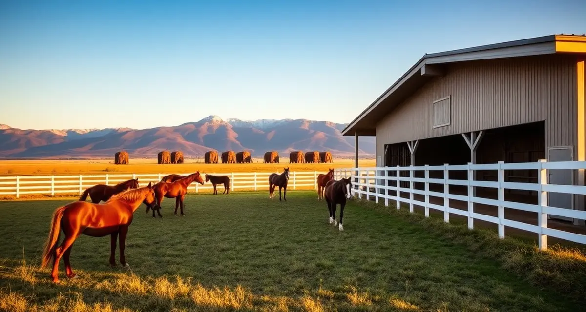 Modern horse boarding barn in Montana with grazing horses, white fencing, and mountain landscape in background