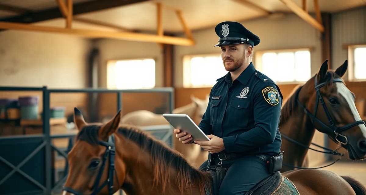 Mounted patrol officer communicating with barn manager using specialized equine facility management software at stable entrance.