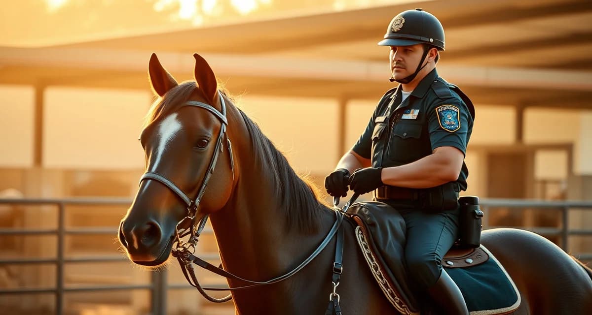 Mounted patrol officer on horseback documenting duty updates with tablet for real-time barn communication and health reporting