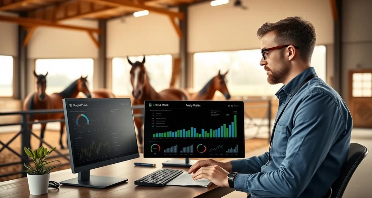 Barn manager using BarnBeacon health monitoring software to track mounted patrol horse wellness data on digital dashboard